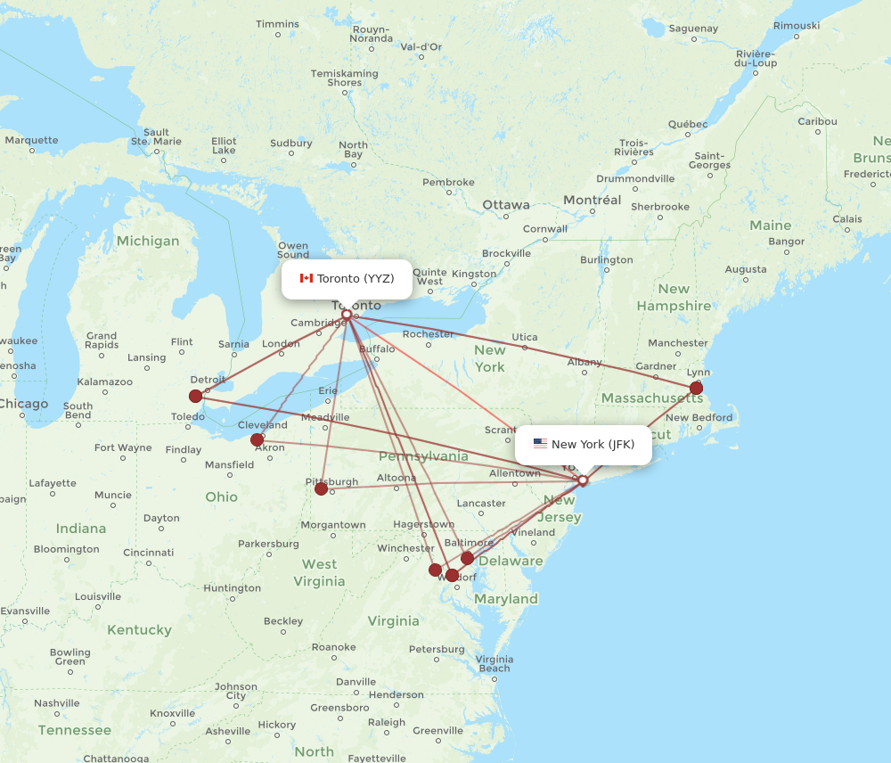 JFK to YYZ flights and routes map