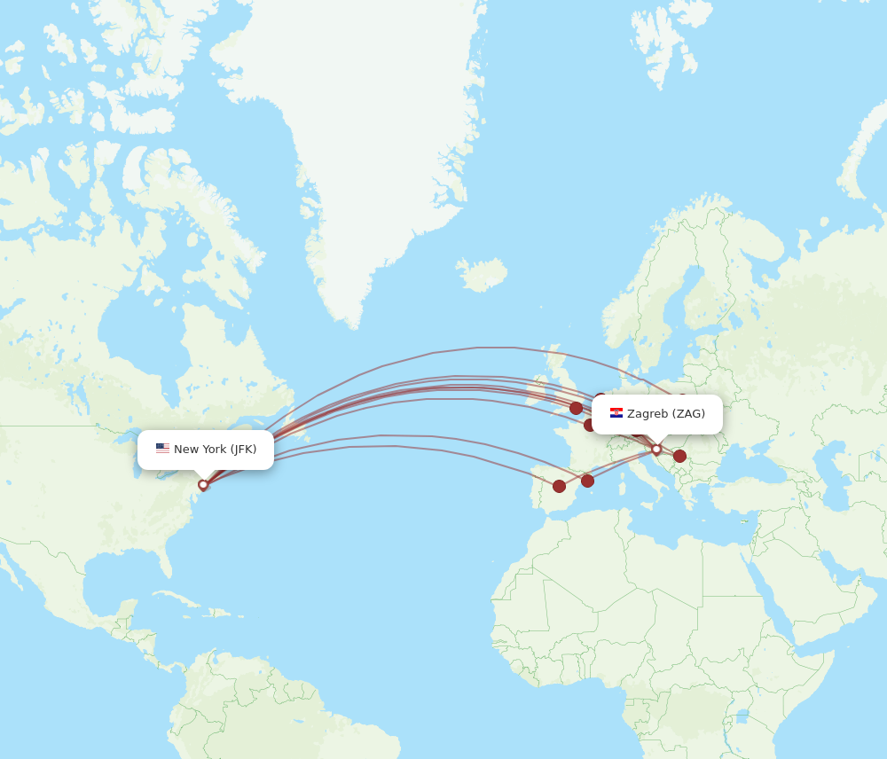 ZAG to JFK flights and routes map
