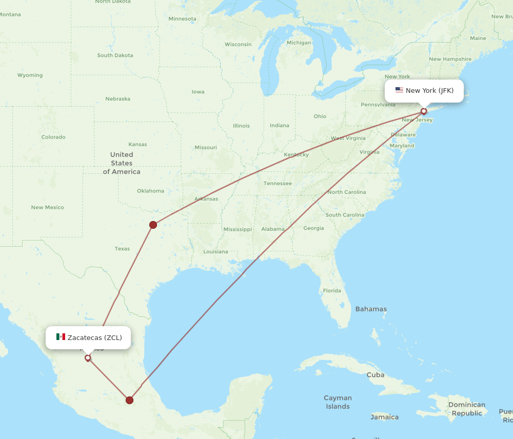 Zacatecas - New York route map and flight paths