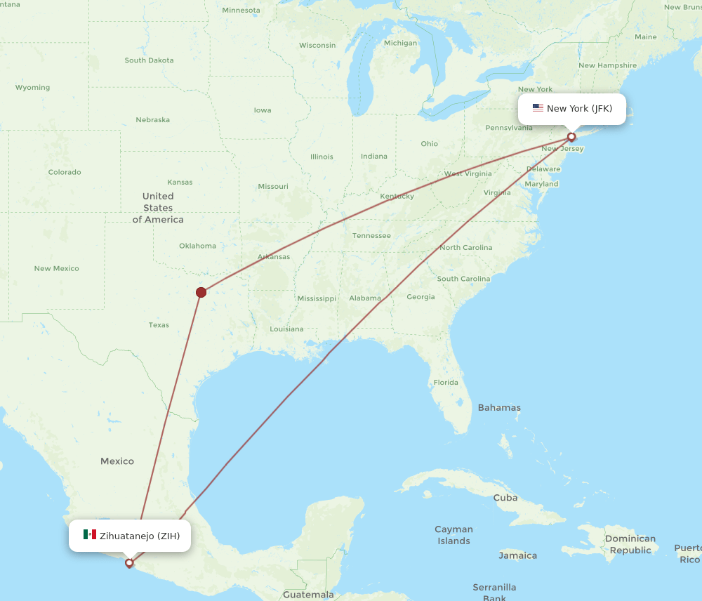 Ixtapa/Zihuatanejo - New York route map and flight paths