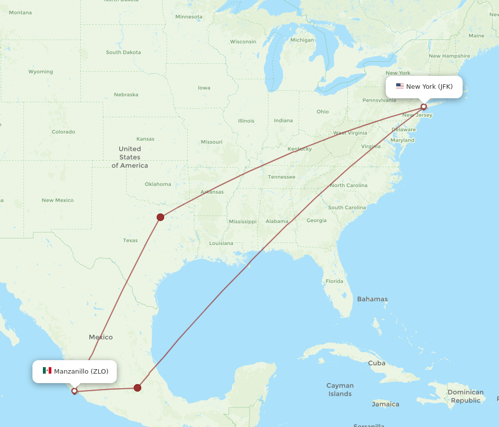 Manzanillo - New York route map and flight paths