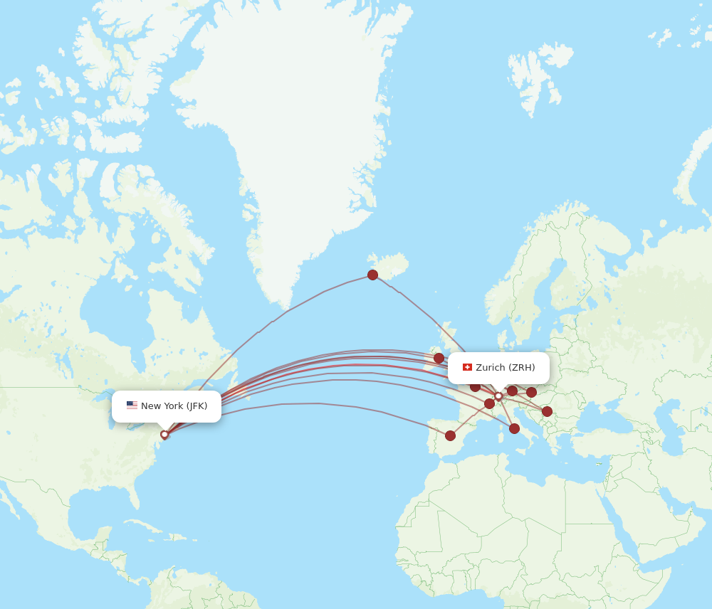 JFK to ZRH flights and routes map