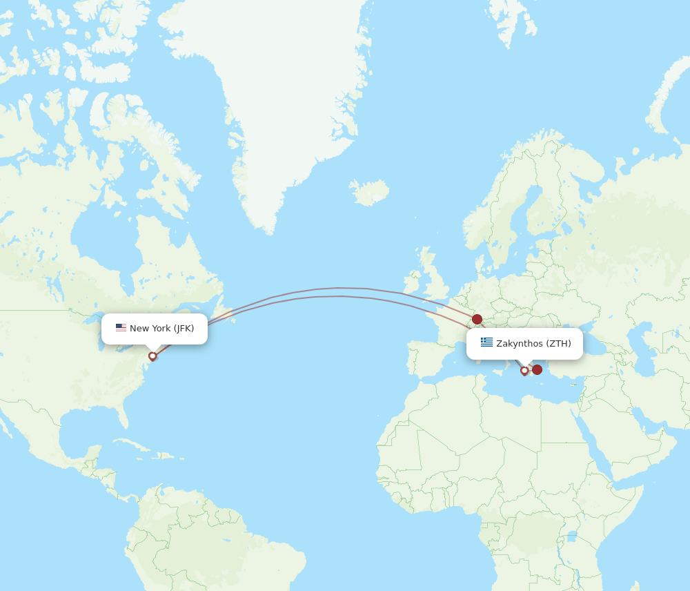 Zakinthos - New York route map and flight paths