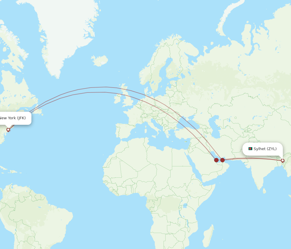 ZYL to JFK flights and routes map