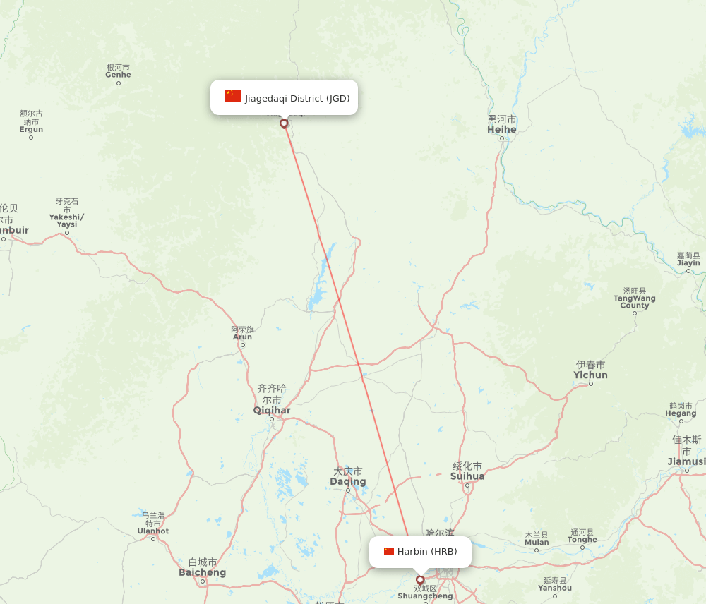 Harbin - Jiagedaqi District route map and flight paths