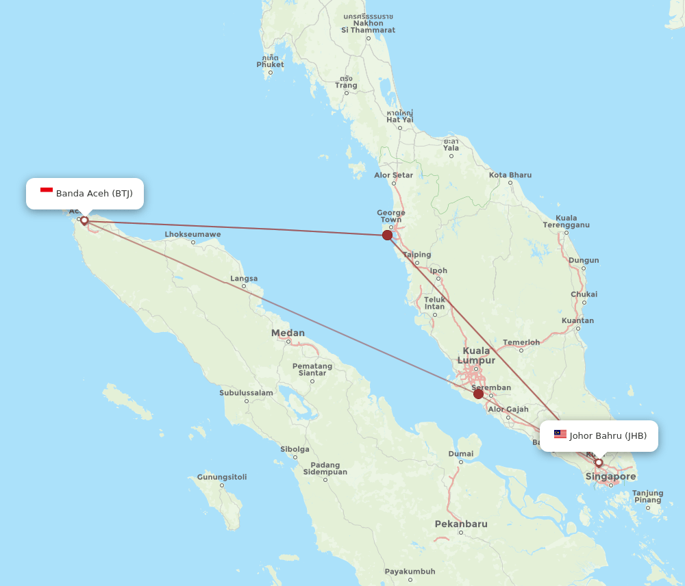 JHB to BTJ flights and routes map