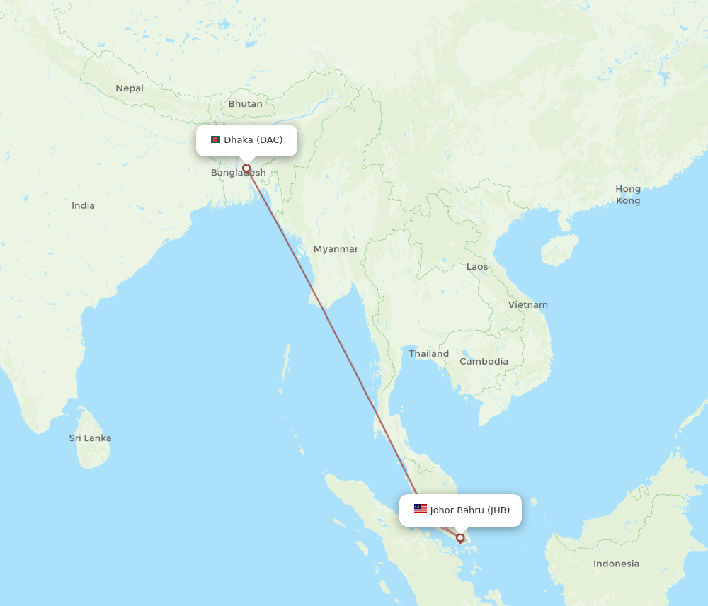 JHB to DAC flights and routes map