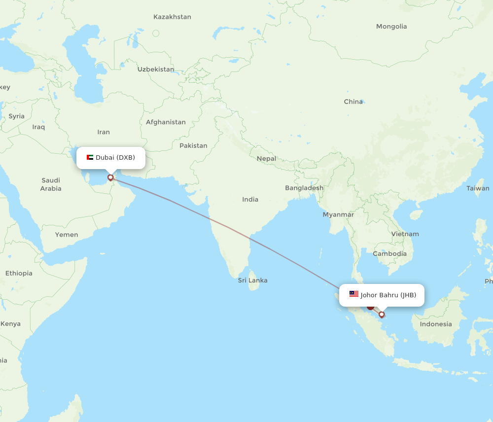JHB to DXB flights and routes map