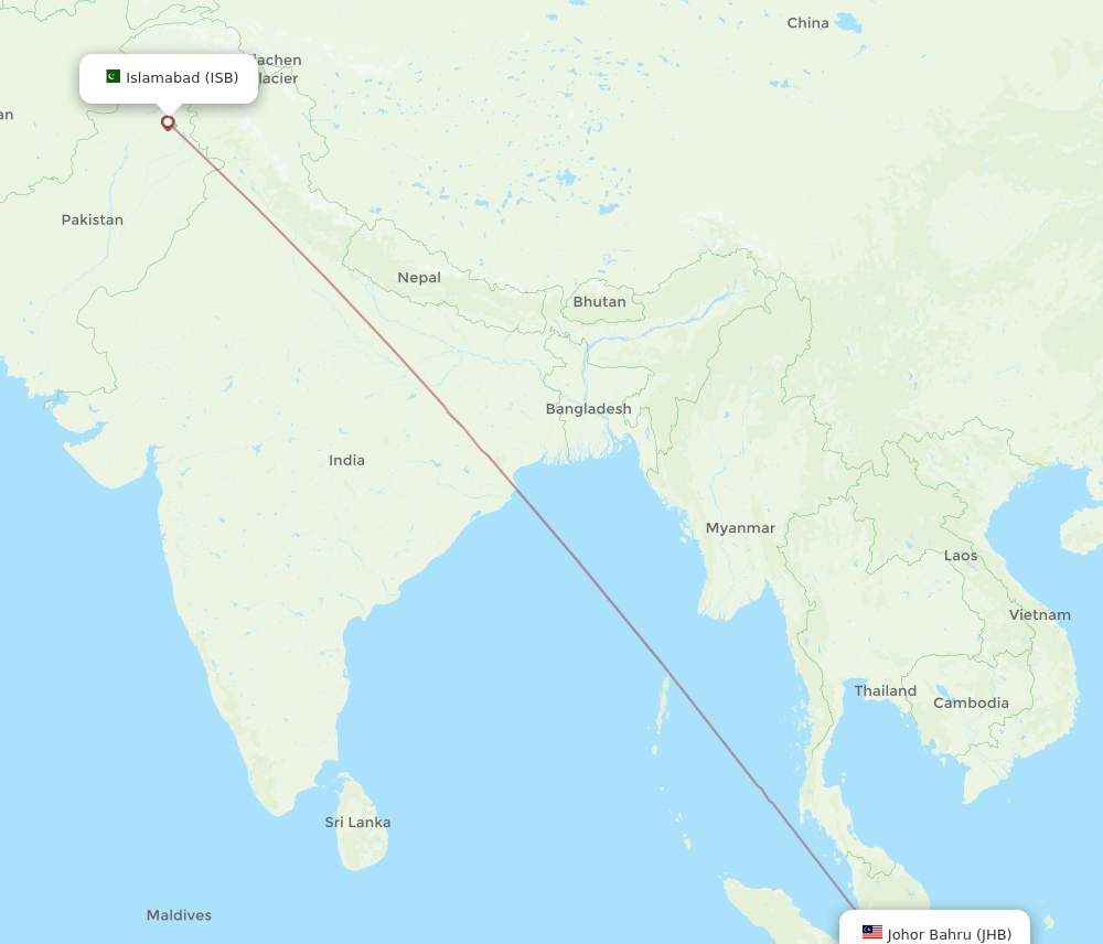 Islamabad - Johor Bharu route map and flight paths