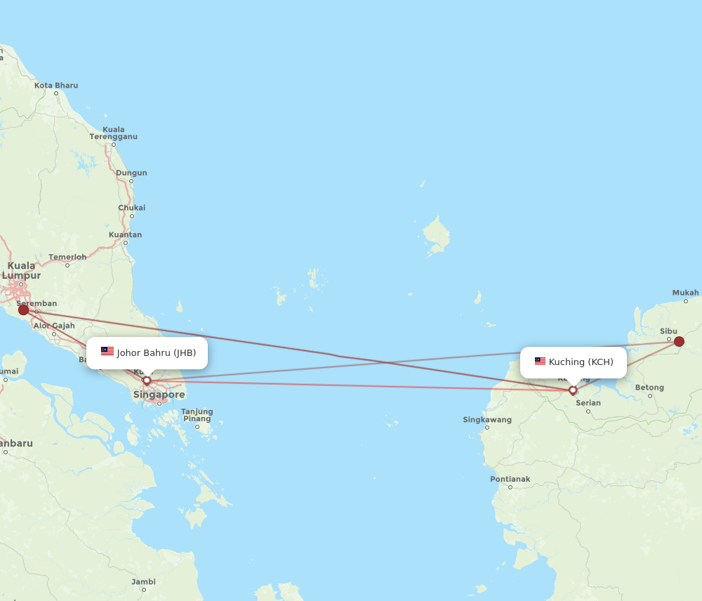 JHB to KCH flights and routes map
