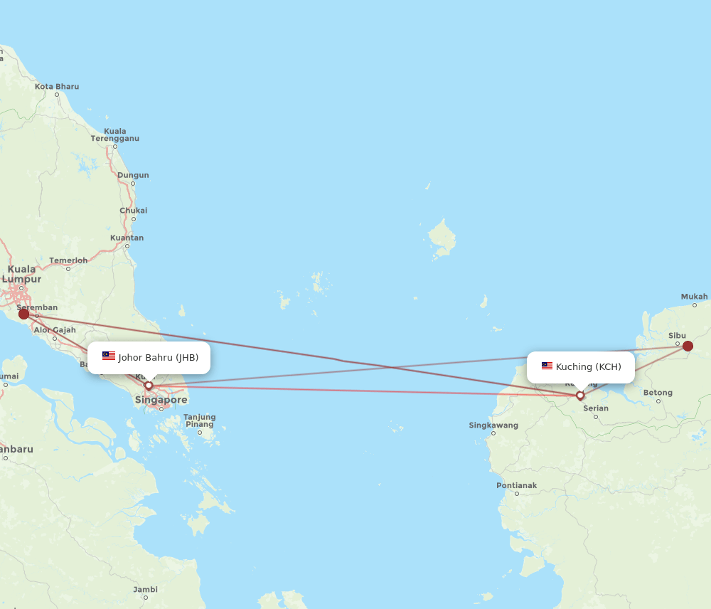 JHB to KCH flights and routes map