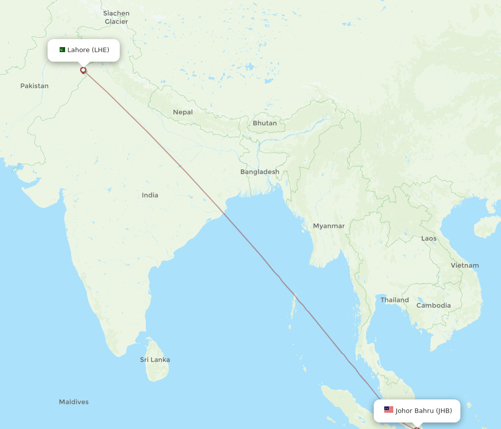 Lahore - Johor Bharu route map and flight paths