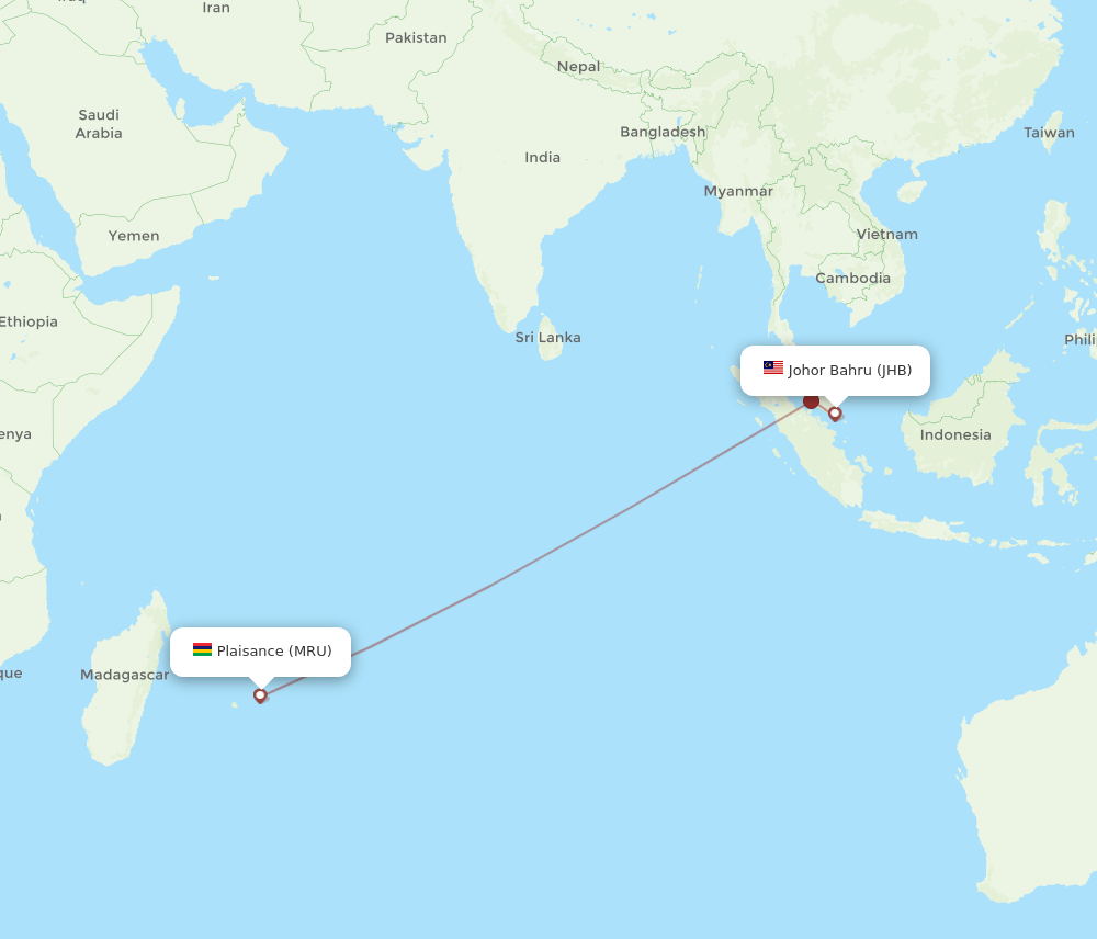 Mauritius - Johor Bharu route map and flight paths