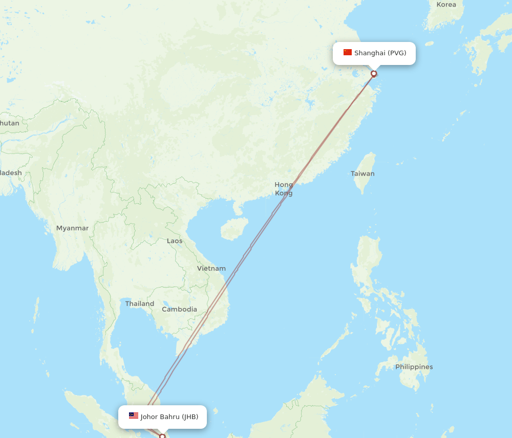 PVG to JHB flights and routes map