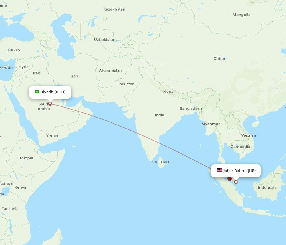 Riyadh - Johor Bharu route map and flight paths