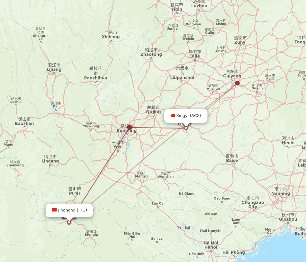Xingyi - Jinghong route map and flight paths