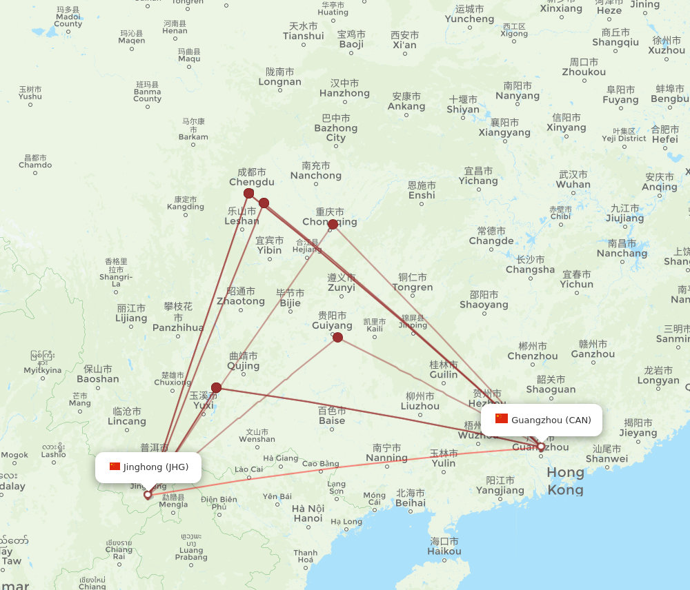 JHG to CAN flights and routes map