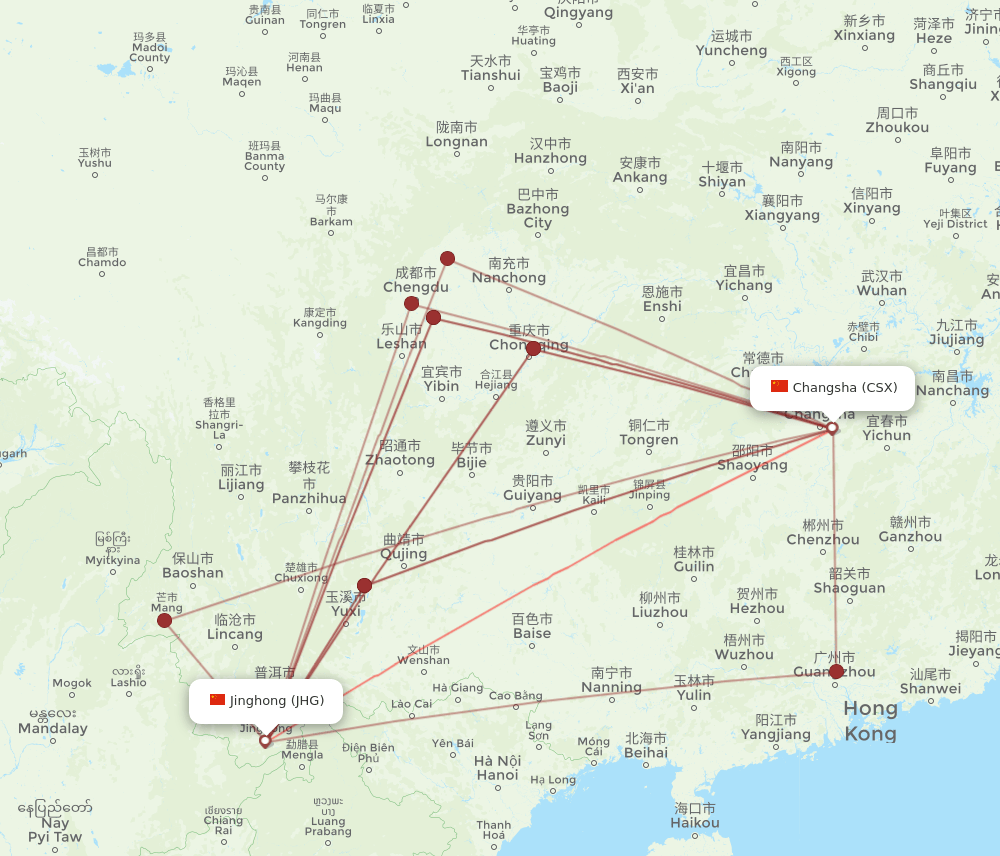 JHG to CSX flights and routes map