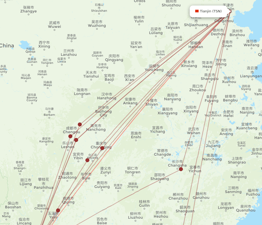 JHG to TSN flights and routes map