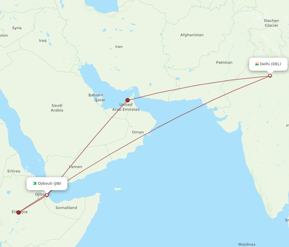 JIB to DEL flights and routes map