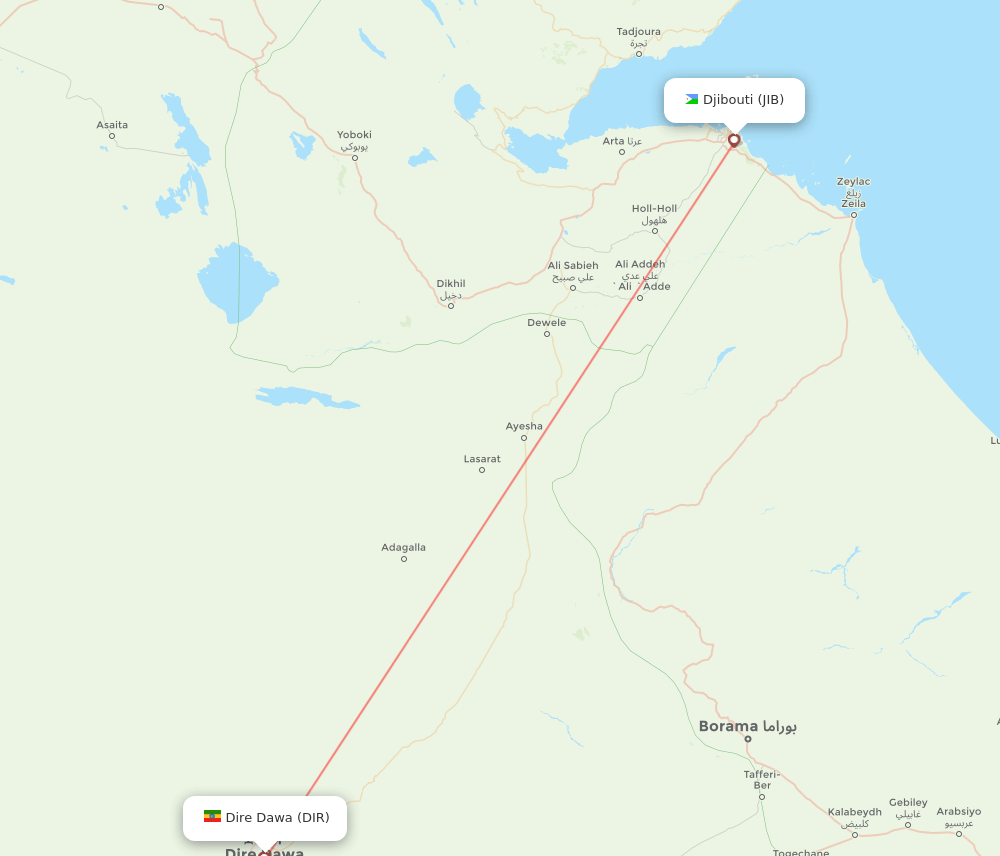 Djibouti - Dire Dawa route map and flight paths