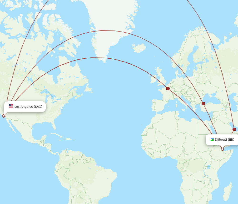 JIB-LAX flight routes