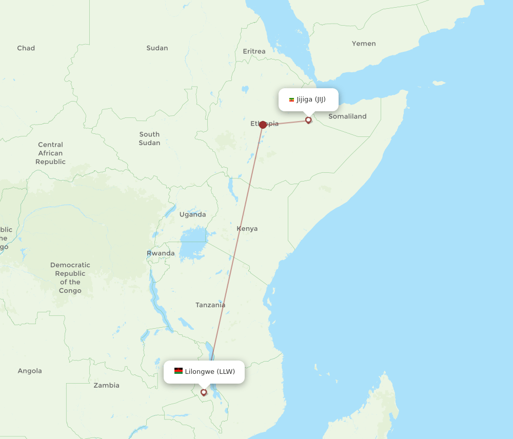Lilongwe - Jijiga route map and flight paths