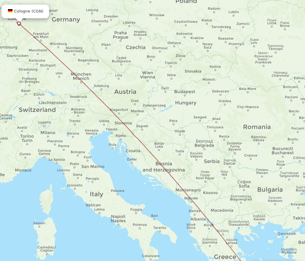 Cologne - Ikaria Island route map and flight paths