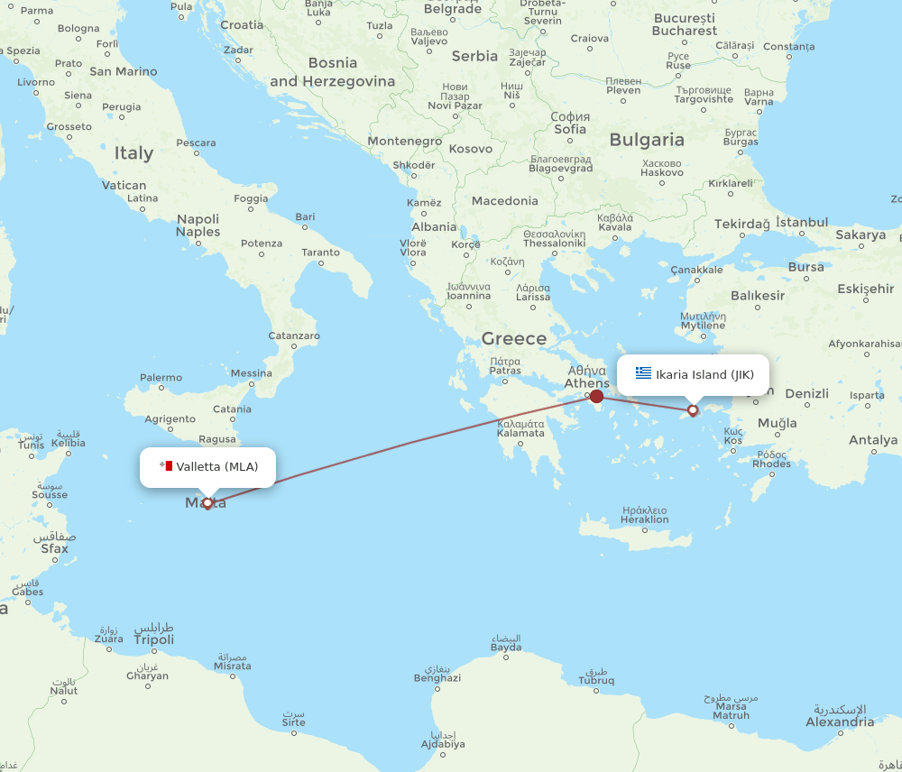 Ikaria Island - Malta route map and flight paths