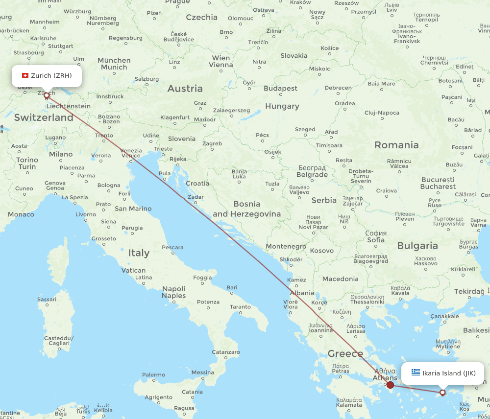 Zurich - Ikaria Island route map and flight paths