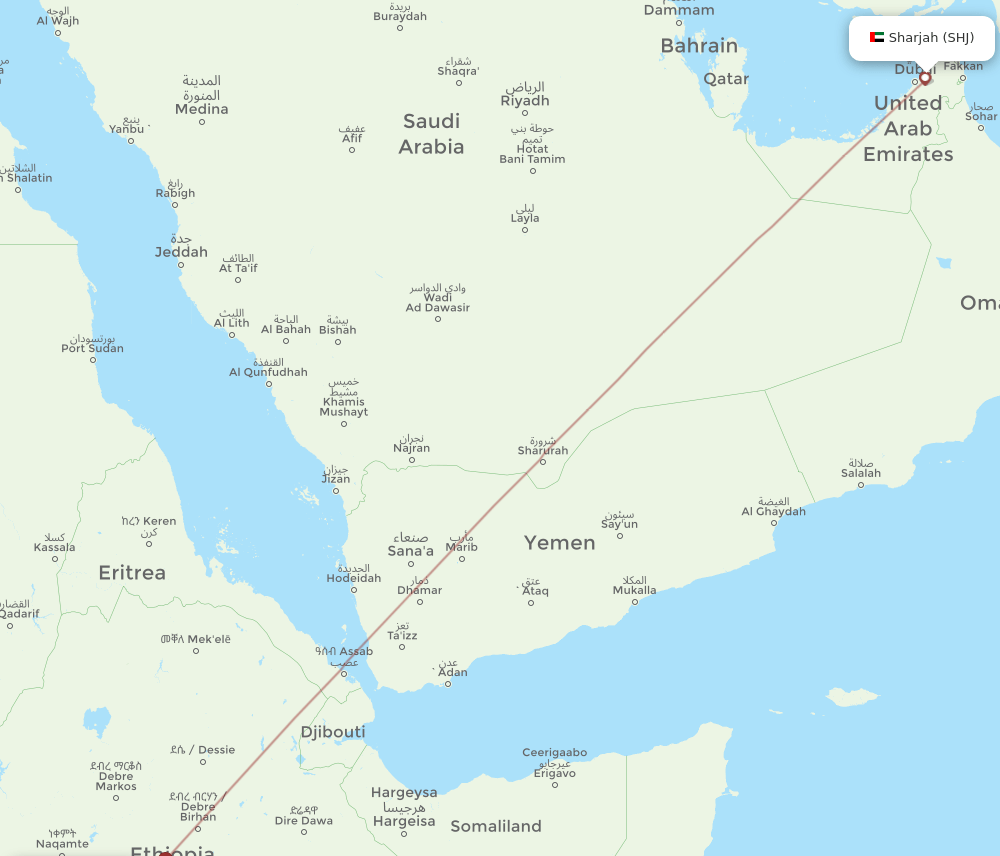 Sharjah - Jimma route map and flight paths