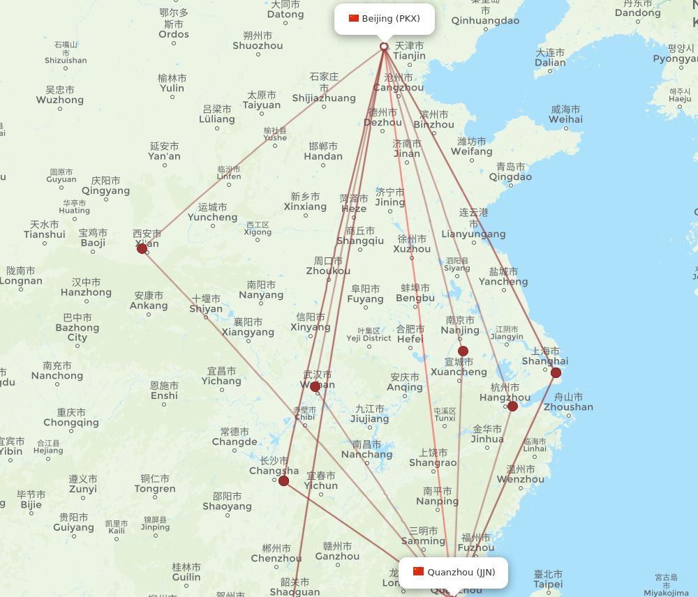 JJN to PKX flights and routes map
