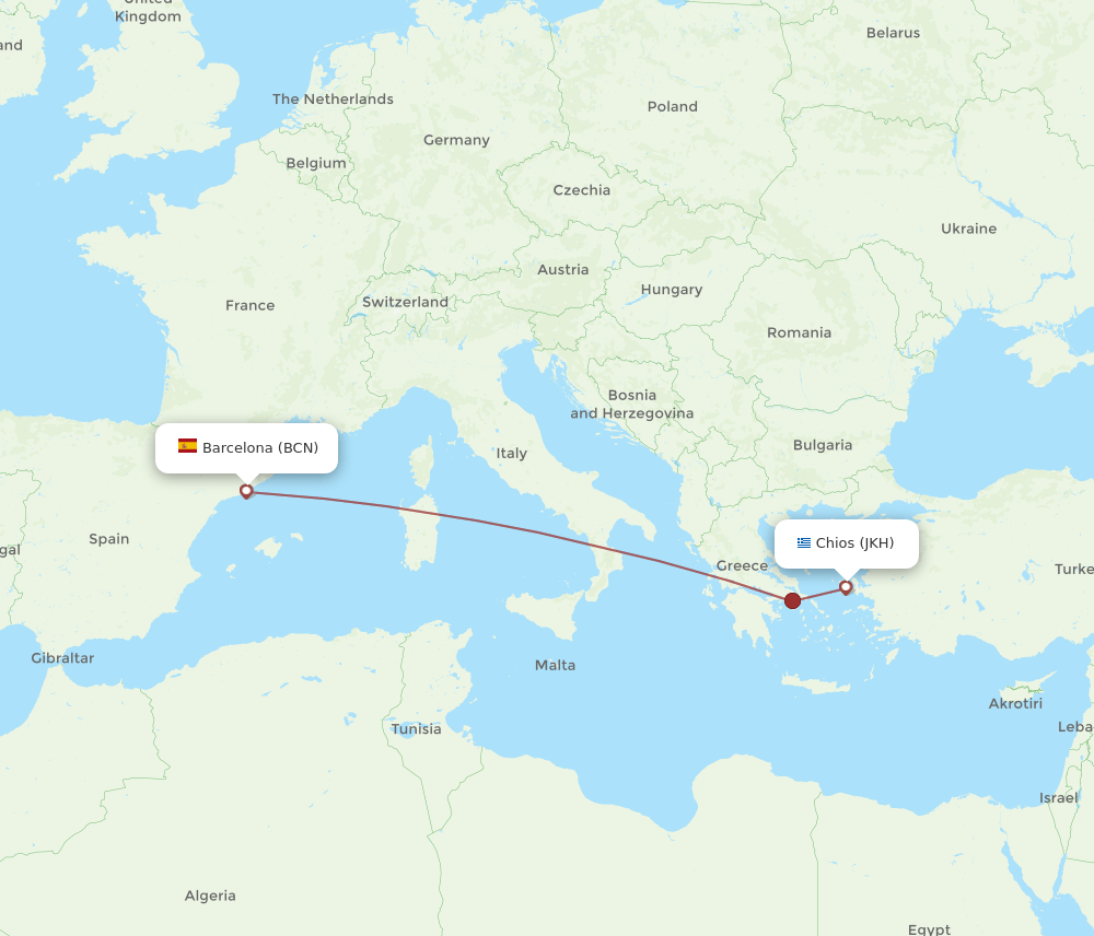 Barcelona - Chios route map and flight paths
