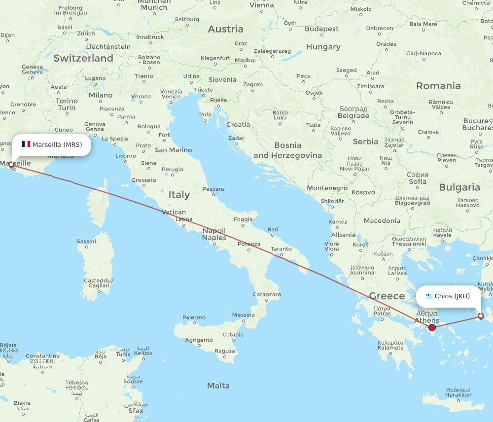 Marseille - Chios route map and flight paths