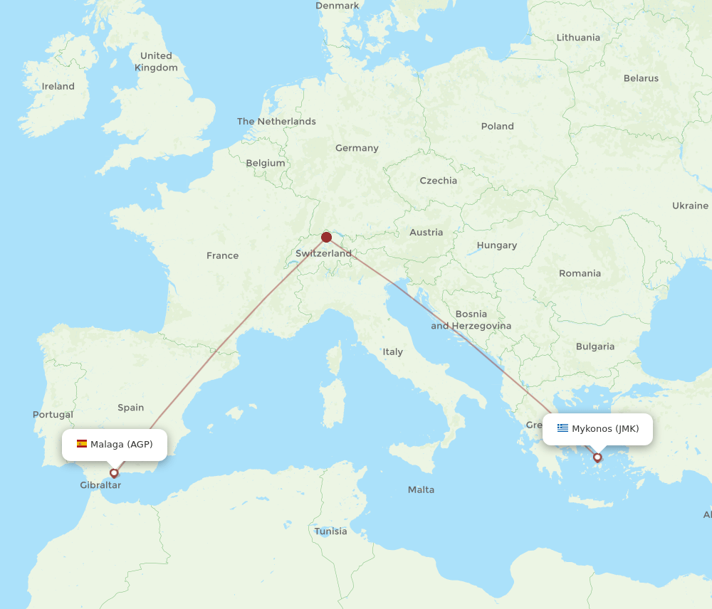 Malaga - Mykonos route map and flight paths
