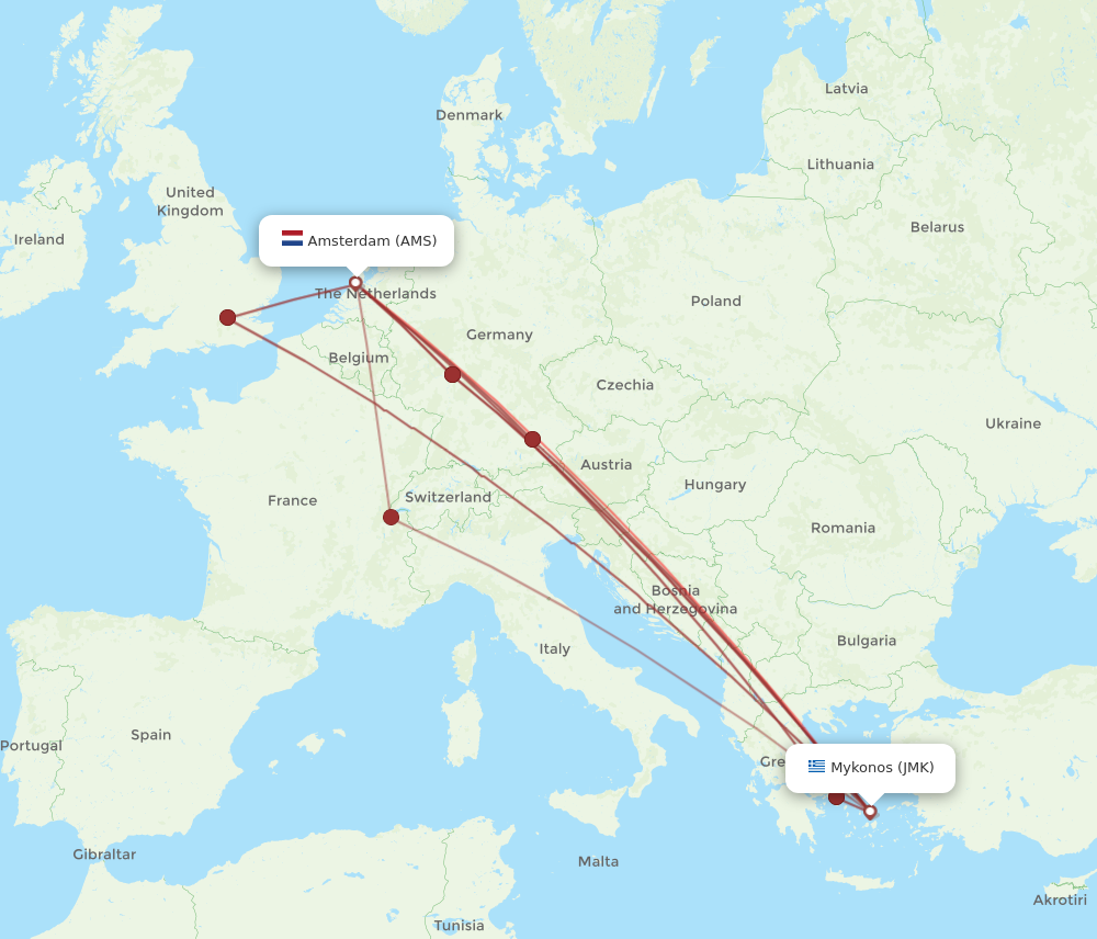 JMK to AMS flights and routes map