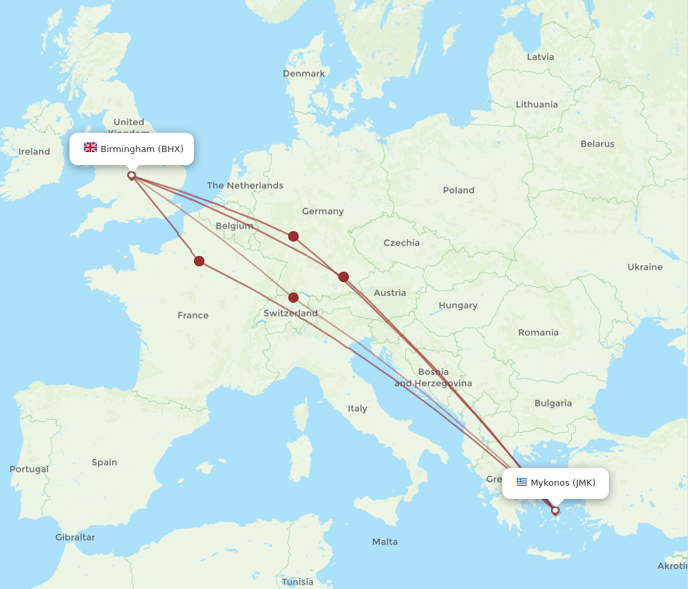 JMK to BHX flights and routes map