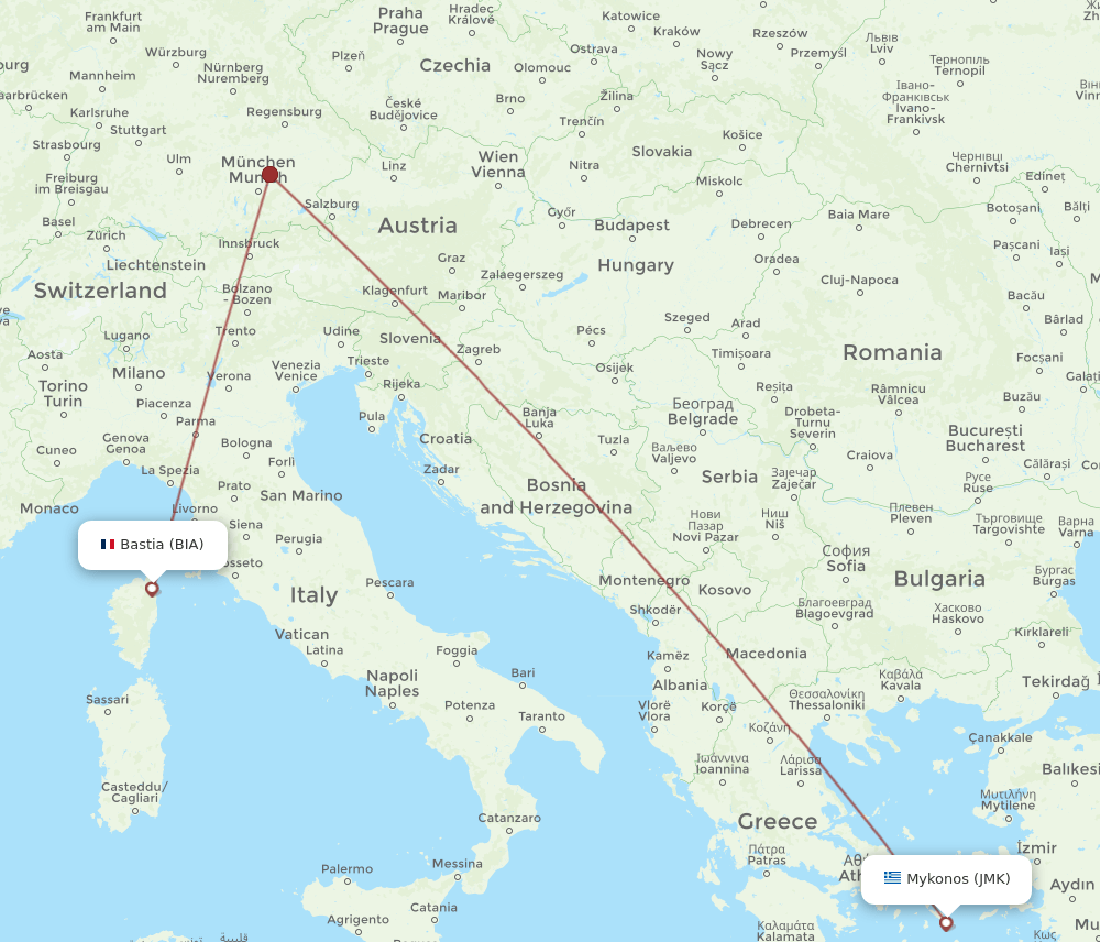 JMK to BIA flights and routes map