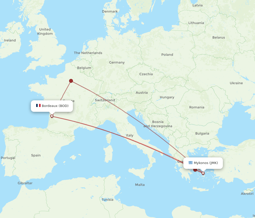 JMK to BOD flights and routes map