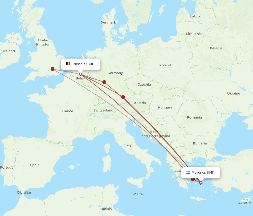 JMK to BRU flights and routes map