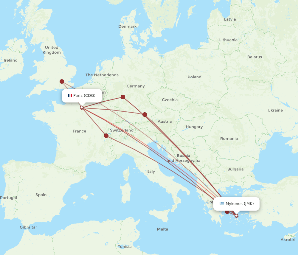 JMK to CDG flights and routes map