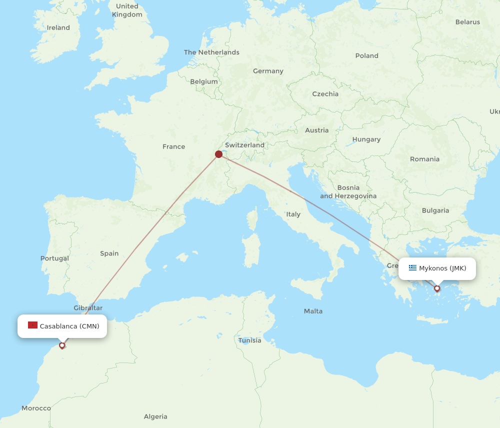 Casablanca - Mykonos route map and flight paths
