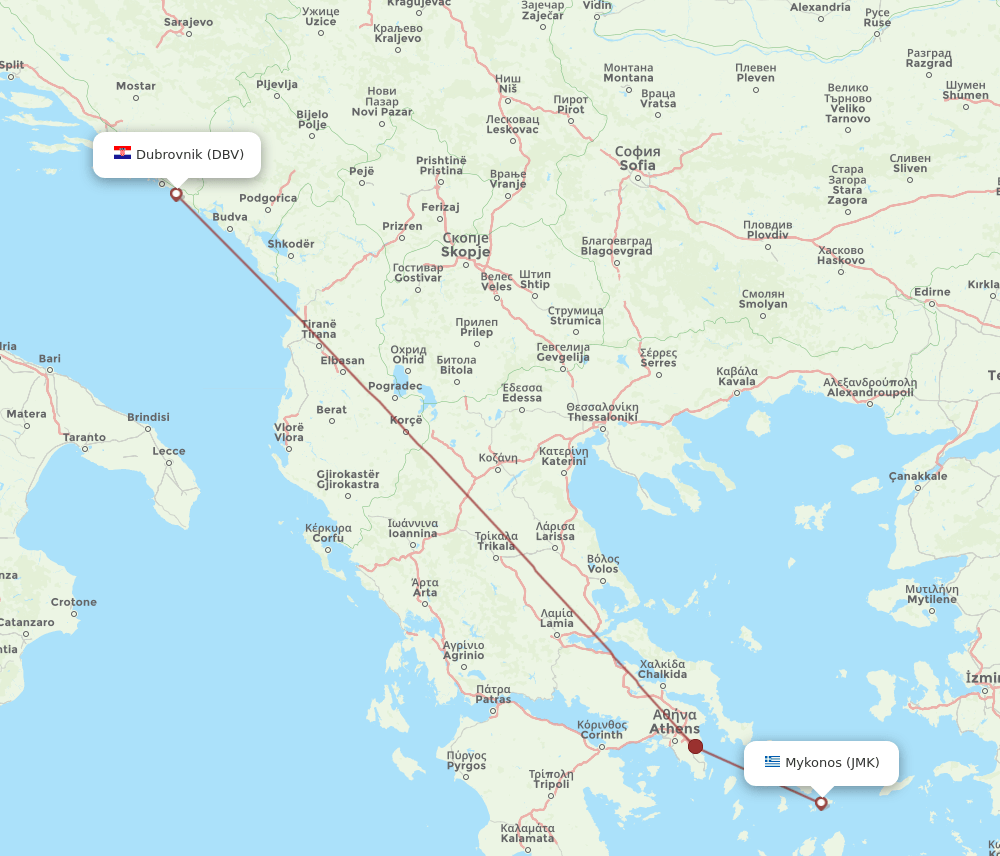 JMK to DBV flights and routes map