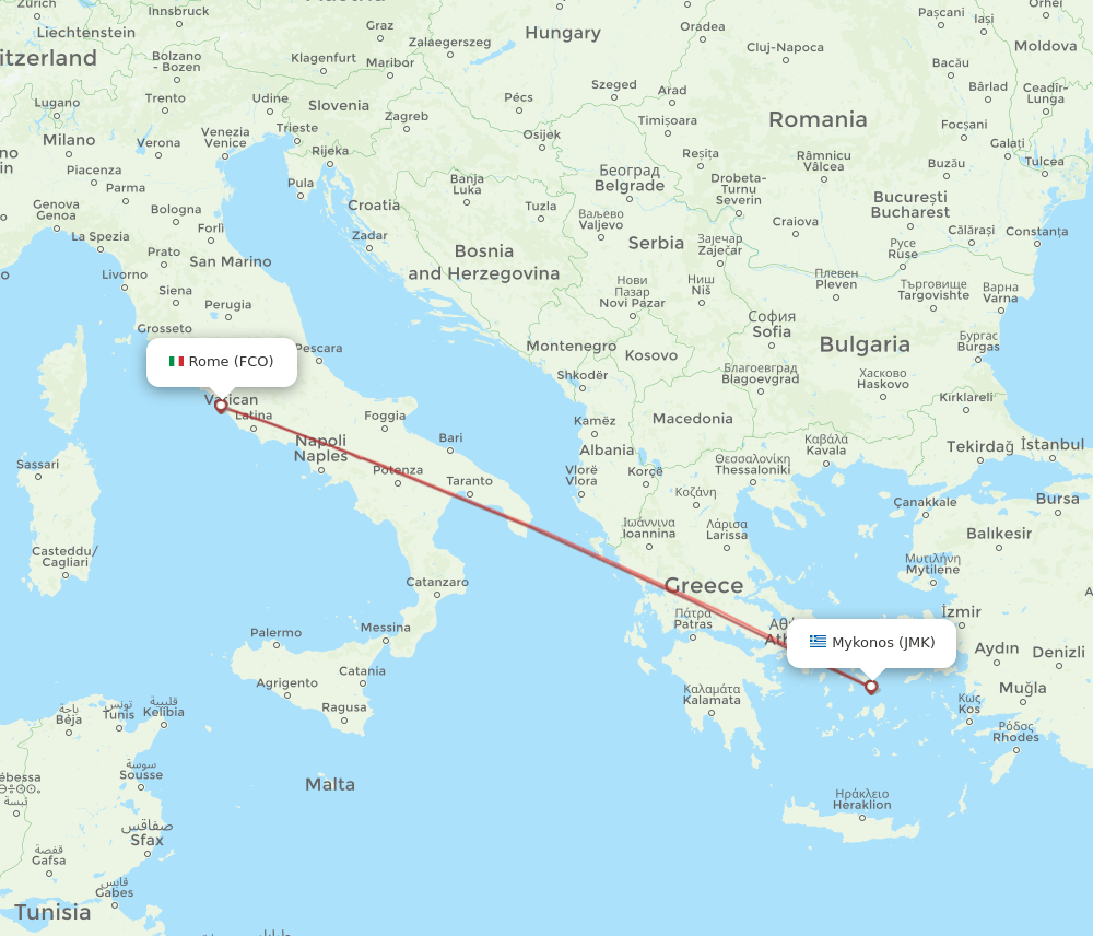 JMK to FCO flights and routes map