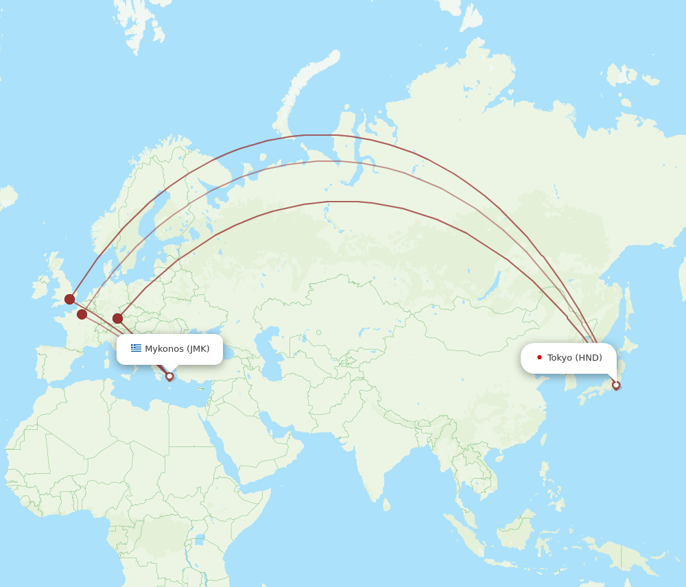 Tokyo - Mykonos route map and flight paths