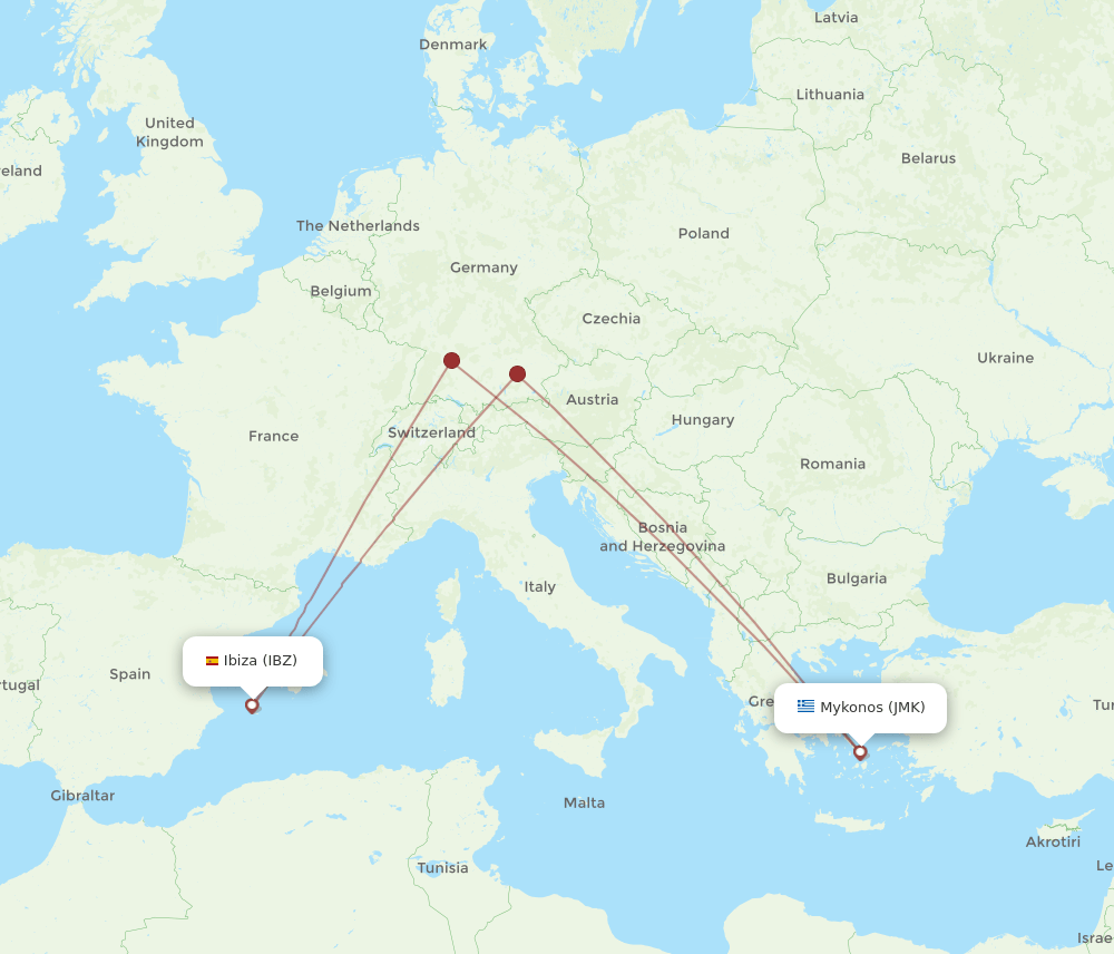 Ibiza - Mykonos route map and flight paths