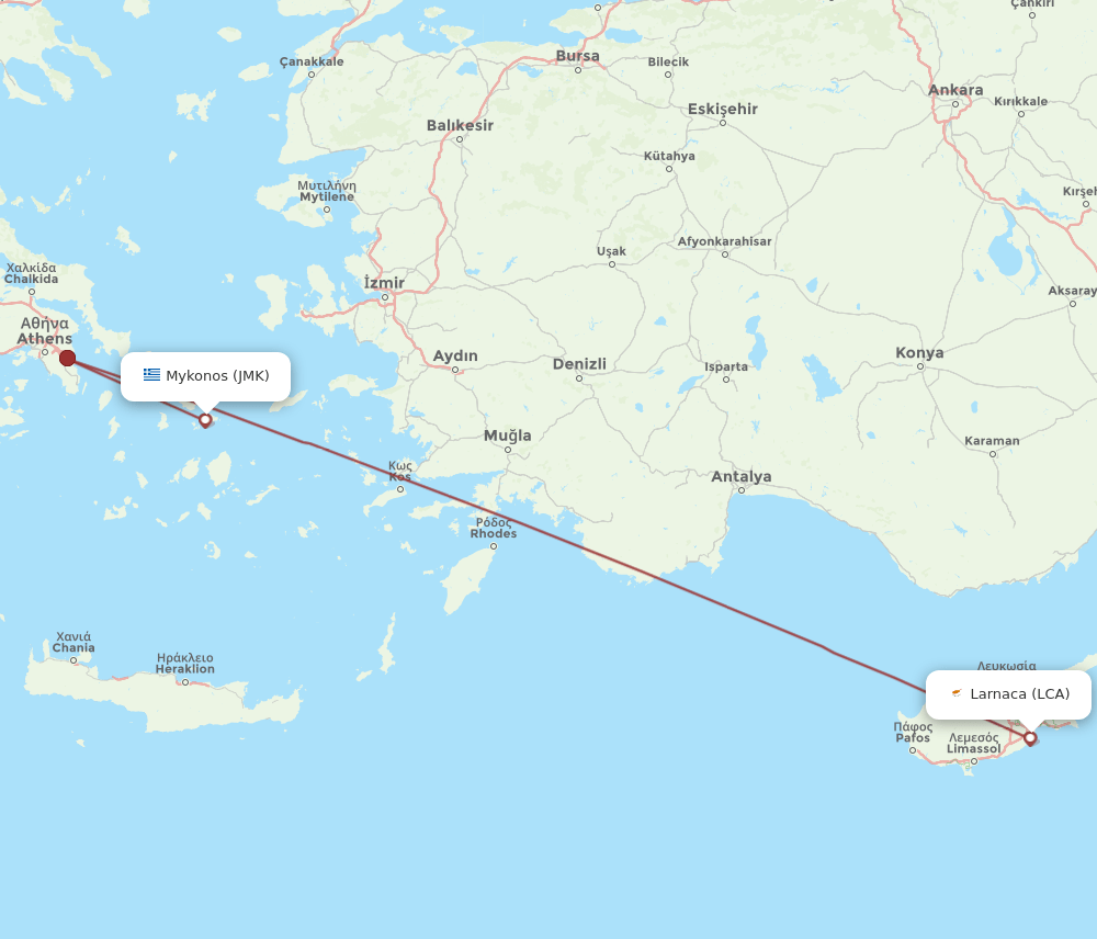 JMK to LCA flights and routes map