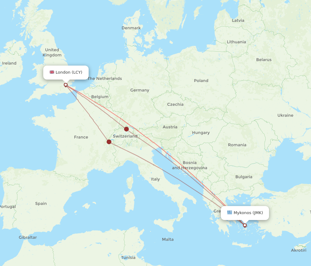 JMK to LCY flights and routes map