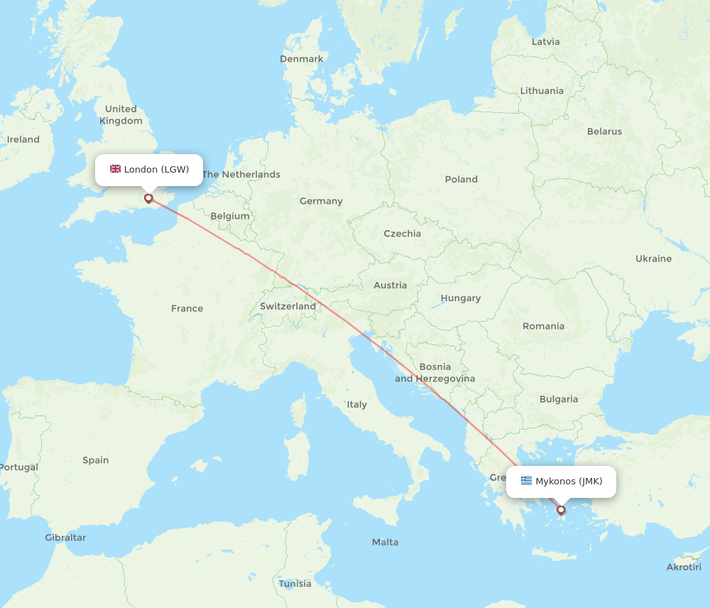 JMK to LGW flights and routes map