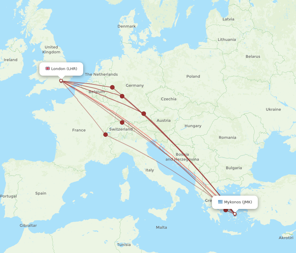 JMK to LHR flights and routes map